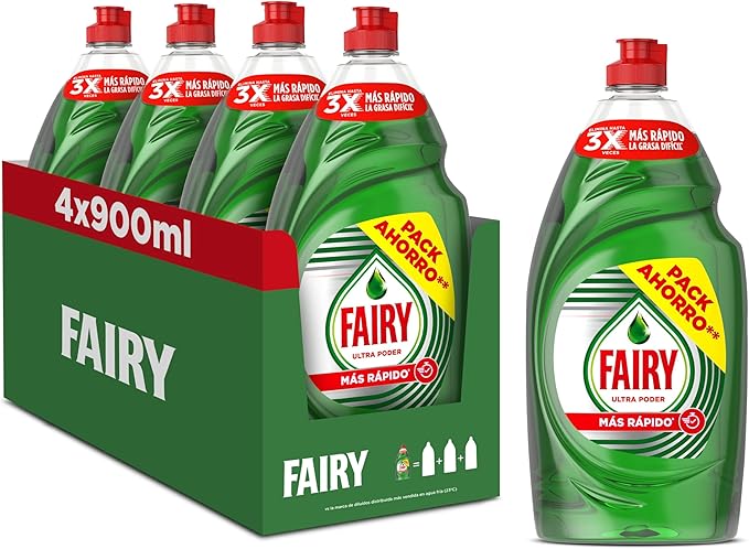 Fairy Ultra Poder Original Líquido Lavavajillas 4x900ML Fórmula Efectiva Que Deja Los Platos Relucientes, Impresionante Poder Antigrasa