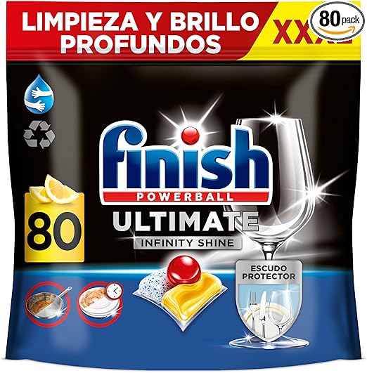 Finish Powerball Ultimate Infinity Shine, pastillas para el lavavajillas con poder quitagrasas y protección del cristal, aroma limón, 80 Pastillas
